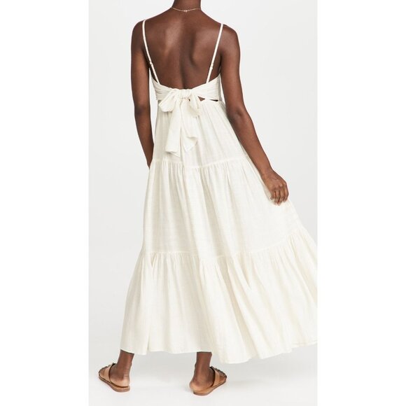 L*SPACE Santorini Cream Viscose Cotton Tie Back Tiered Midi Dress, Size M - Picture 4 of 13